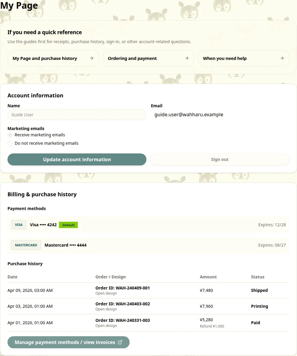 Review-only areas and actionable areas in My Page